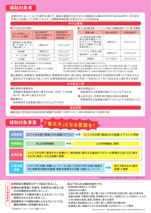 京都市公式チラシの裏面。補助対象者、エアコンとLED照明などの更新条件、主な補助要件。